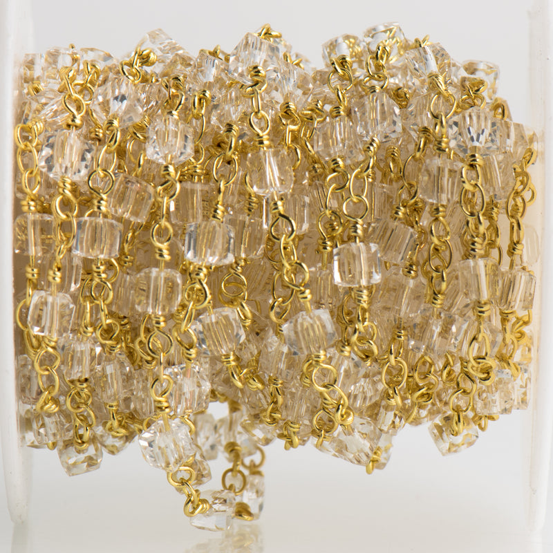 5 yards CLEAR CUBE Crystal Rosary Chain, bright GOLD double wrap, 4mm faceted square cube glass beads, fch0692b