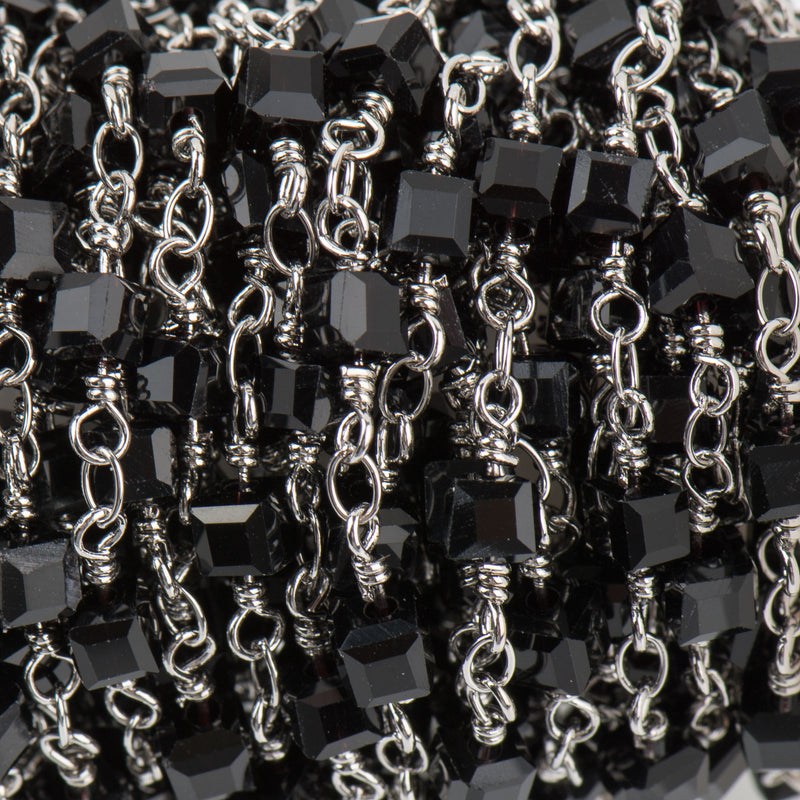 5 yards BLACK CUBE Crystal Rosary Chain, SILVER double wrap, 4mm faceted square cube glass beads, fch0694b