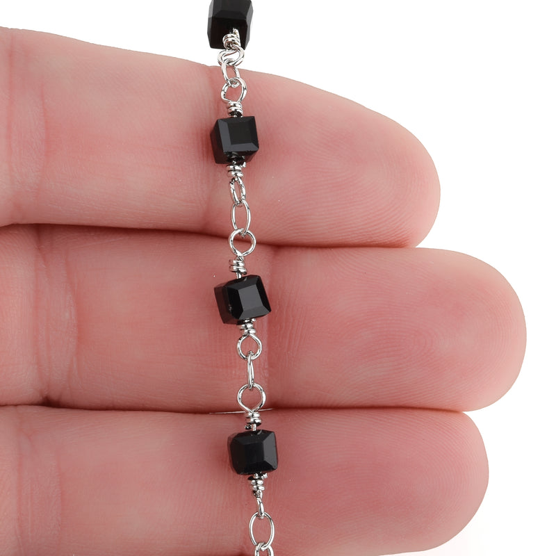 5 yards BLACK CUBE Crystal Rosary Chain, SILVER double wrap, 4mm faceted square cube glass beads, fch0694b