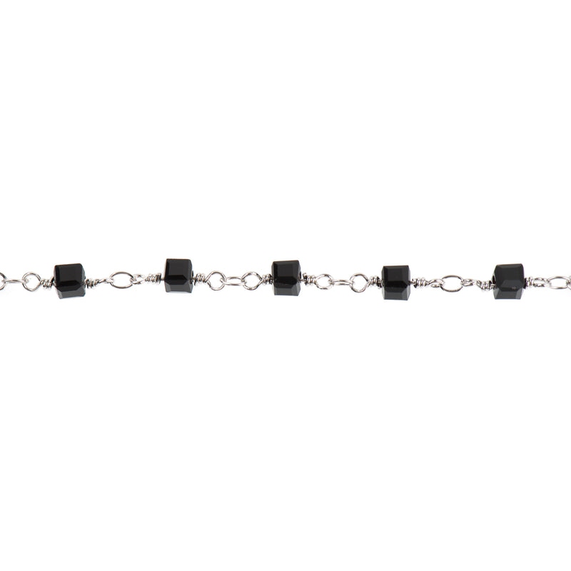 3 feet (1 yard) BLACK CUBE Crystal Rosary Chain, SILVER double wrap, 4mm faceted square cube glass beads, fch0694a