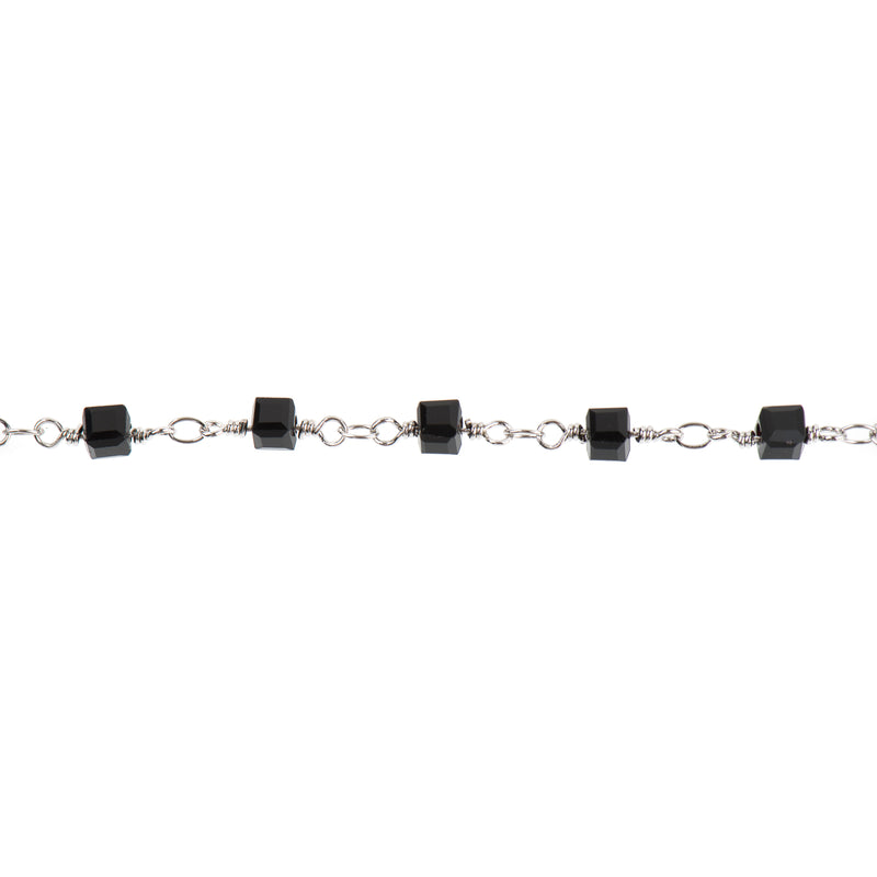 5 yards BLACK CUBE Crystal Rosary Chain, SILVER double wrap, 4mm faceted square cube glass beads, fch0694b