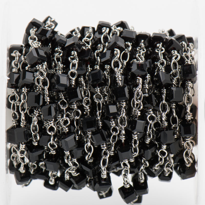 5 yards BLACK CUBE Crystal Rosary Chain, SILVER double wrap, 4mm faceted square cube glass beads, fch0694b