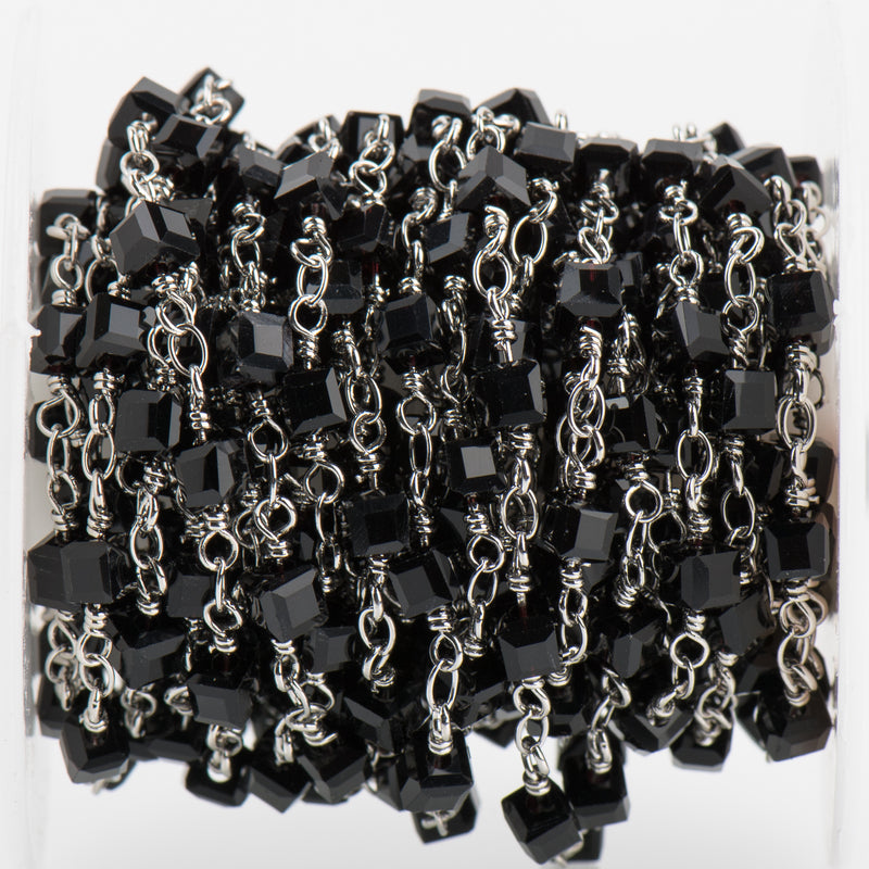 3 feet (1 yard) BLACK CUBE Crystal Rosary Chain, SILVER double wrap, 4mm faceted square cube glass beads, fch0694a