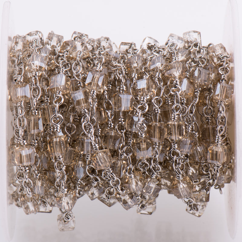 5 yards (15 ft) Golden Shadow CUBE Crystal Rosary Chain, SILVER double wrap, 4mm faceted square cube glass beads, fch0695b