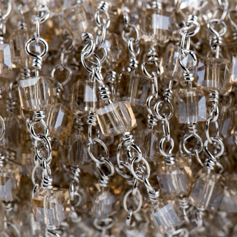 5 yards (15 ft) Golden Shadow CUBE Crystal Rosary Chain, SILVER double wrap, 4mm faceted square cube glass beads, fch0695b