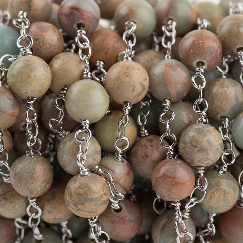 3 feet (1 yard) AQUA TERRA JASPER Gemstone Rosary Chain, double wrap silver links, 8mm round natural gemstone beads, fch0696a