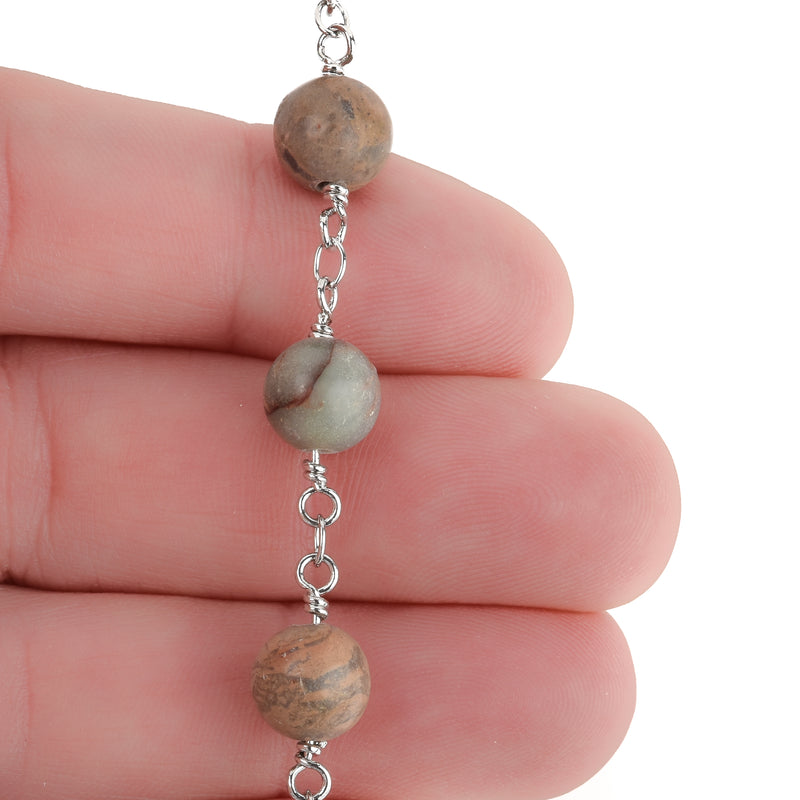 3 feet (1 yard) AQUA TERRA JASPER Gemstone Rosary Chain, double wrap silver links, 8mm round natural gemstone beads, fch0696a
