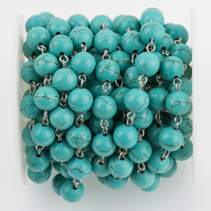 3 ft TURQUOISE BLUE Howlite Rosary Chain, silver wire links, 10mm round stone bead chain, fch0697a