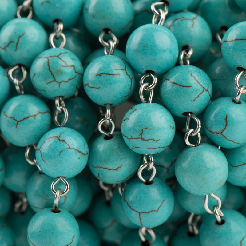 3 ft TURQUOISE BLUE Howlite Rosary Chain, silver wire links, 10mm round stone bead chain, fch0697a