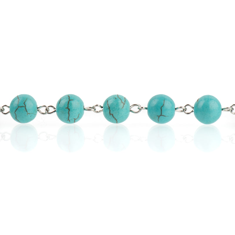 3 ft TURQUOISE BLUE Howlite Rosary Chain, silver wire links, 10mm round stone bead chain, fch0697a