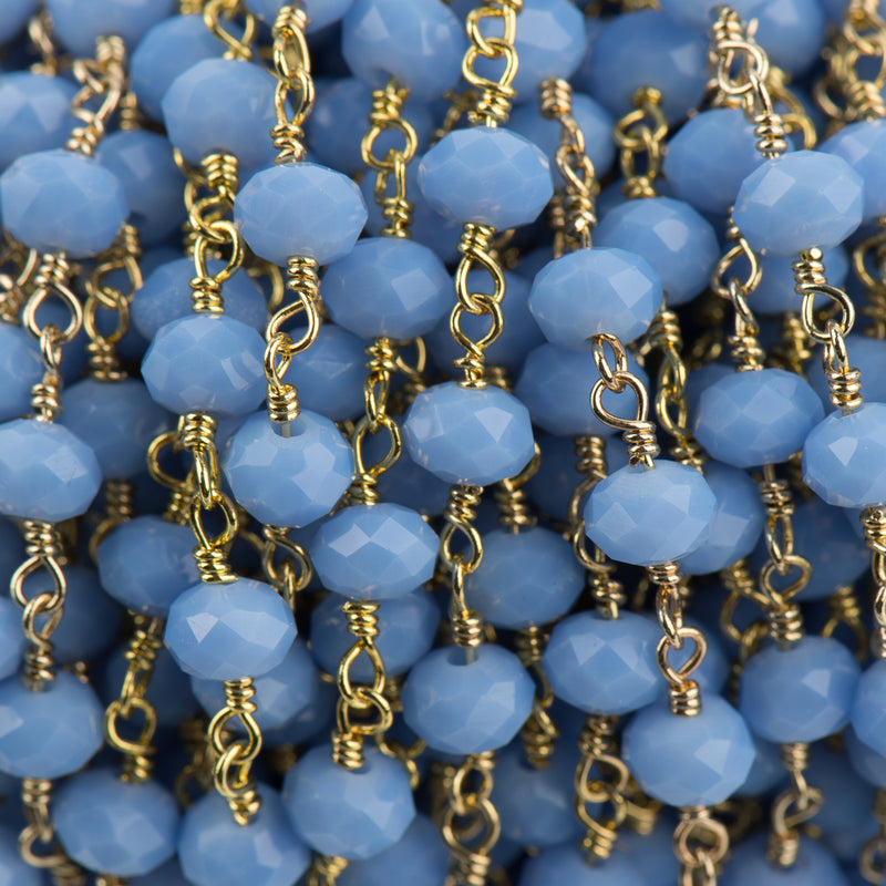 1 yard (3 feet) SKY BLUE OPAL Crystal Rondelle Rosary Bead Chain, gold double wrapped wire, 6mm faceted rondelle glass beads, fch0698a