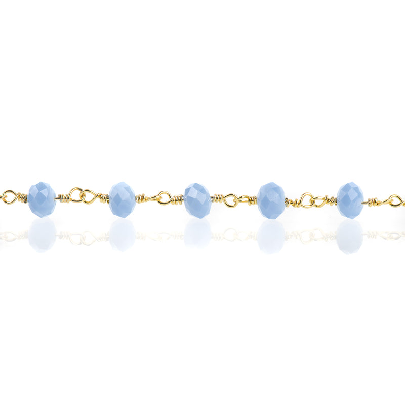 1 yard (3 feet) SKY BLUE OPAL Crystal Rondelle Rosary Bead Chain, gold double wrapped wire, 6mm faceted rondelle glass beads, fch0698a