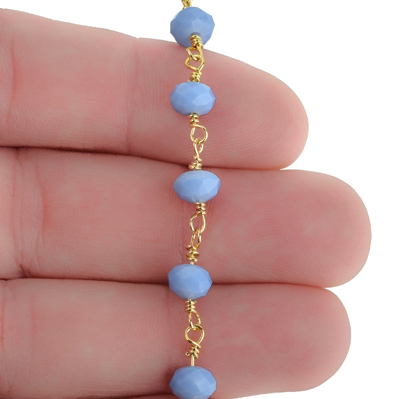 1 yard (3 feet) SKY BLUE OPAL Crystal Rondelle Rosary Bead Chain, gold double wrapped wire, 6mm faceted rondelle glass beads, fch0698a