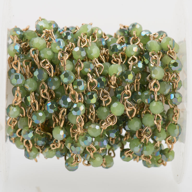 1 yard GRASS GREEN Crystal Rosary Chain, bright gold, 4mm round faceted crystal beads, fch0699a