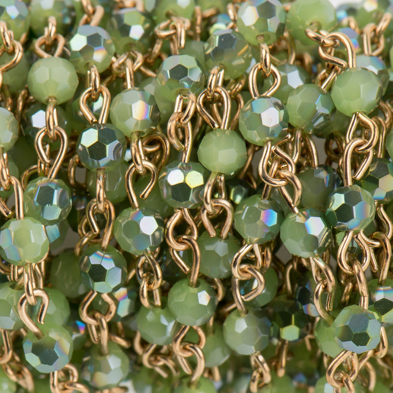 13 ft GRASS GREEN Crystal Rosary Chain, bright gold, 4mm round faceted crystal beads, fch0699b