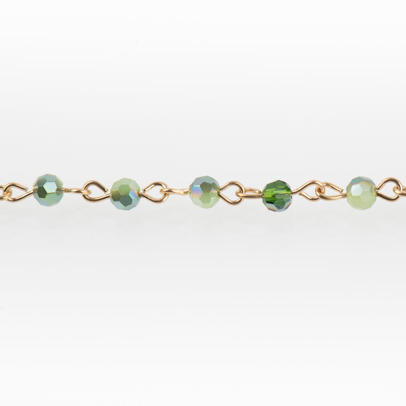13 ft GRASS GREEN Crystal Rosary Chain, bright gold, 4mm round faceted crystal beads, fch0699b