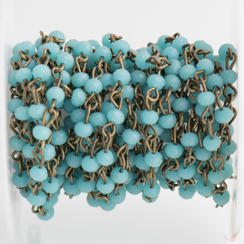 1 yard Matte TURQUOISE BLUE Crystal Rondelle Rosary Chain, bronze, 4mm faceted frosted rondelle glass beads, fch0700a