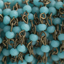 1 yard Matte TURQUOISE BLUE Crystal Rondelle Rosary Chain, bronze, 4mm faceted frosted rondelle glass beads, fch0700a