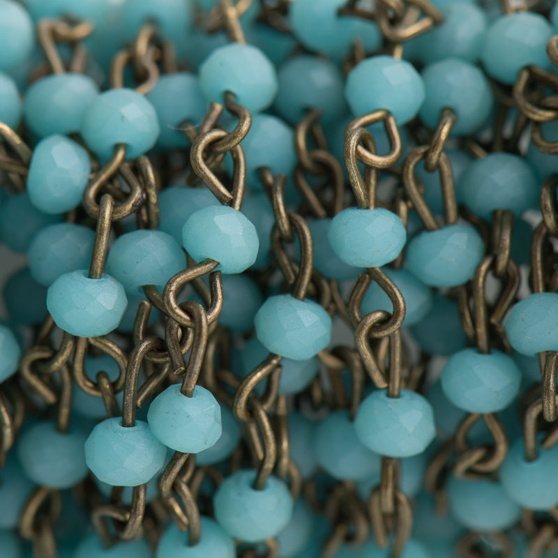13 ft (4.33 yards) Matte TURQUOISE BLUE Crystal Rondelle Rosary Chain, bronze, 4mm faceted frosted rondelle glass beads, fch0700b