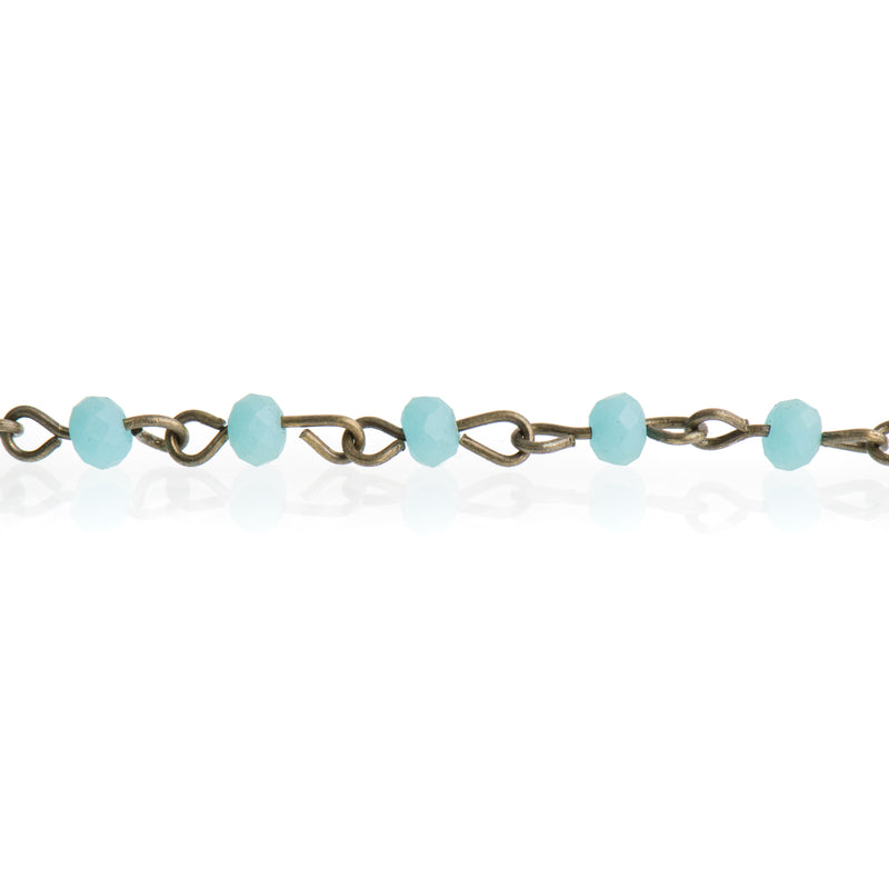 1 yard Matte TURQUOISE BLUE Crystal Rondelle Rosary Chain, bronze, 4mm faceted frosted rondelle glass beads, fch0700a