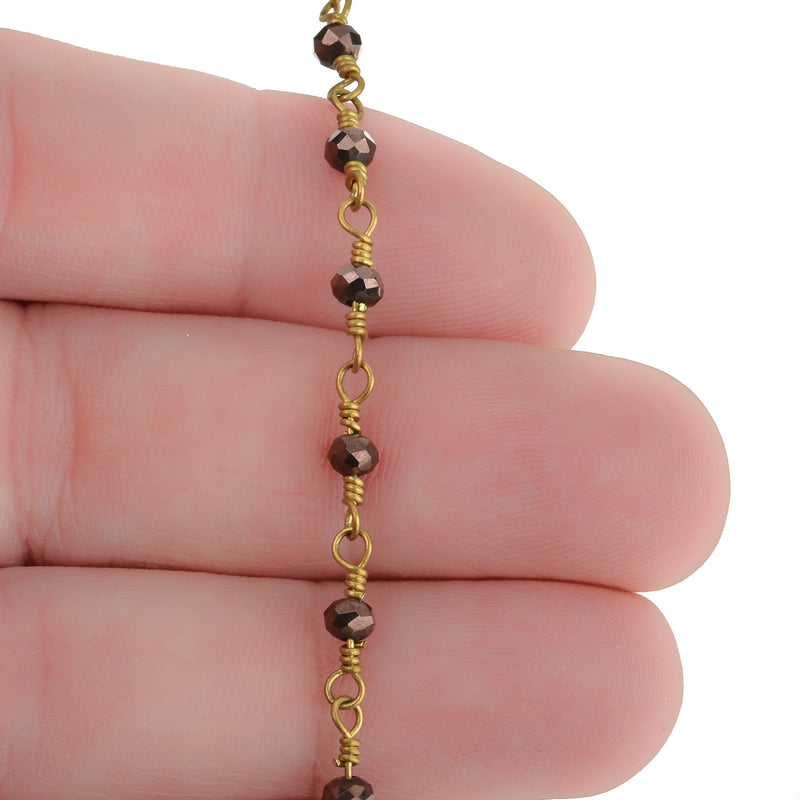 3 feet (1 yard) DARK BRONZE Crystal Chain, Rondelle Rosary Bead Chain, gold double wrapped wire, 3mm faceted glass beads fch0701a