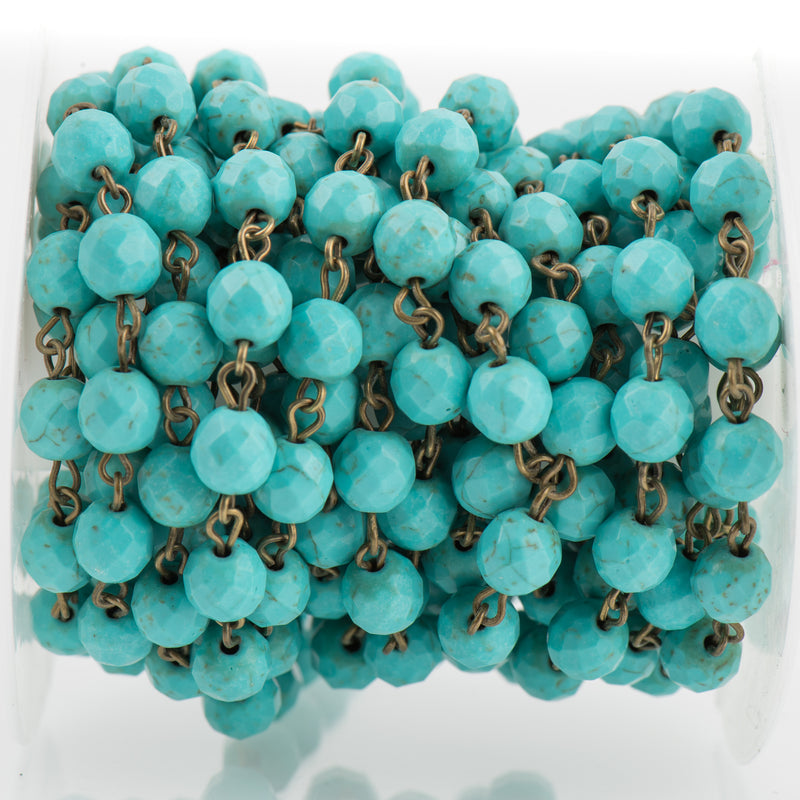 13 feet (4.33 yards) TURQUOISE BLUE Howlite Rosary Chain, bronze links, 8mm round faceted stone beads, fch0702b