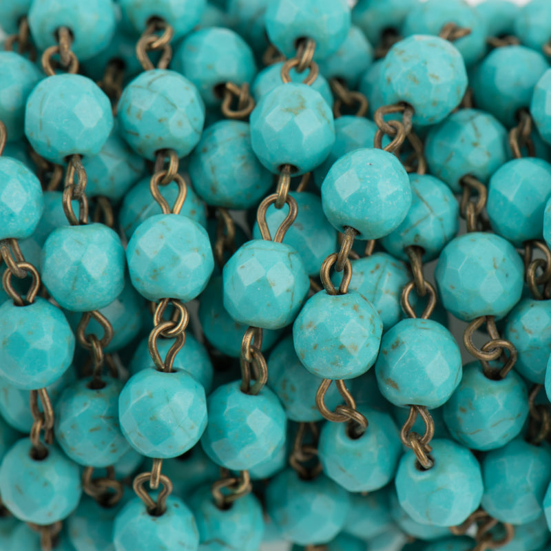 13 feet (4.33 yards) TURQUOISE BLUE Howlite Rosary Chain, bronze links, 8mm round faceted stone beads, fch0702b