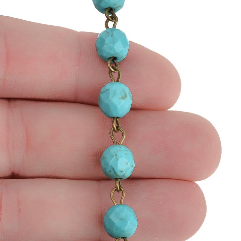3 feet (1 yard) TURQUOISE BLUE Howlite Rosary Chain, bronze links, 8mm round faceted stone beads, fch0702a