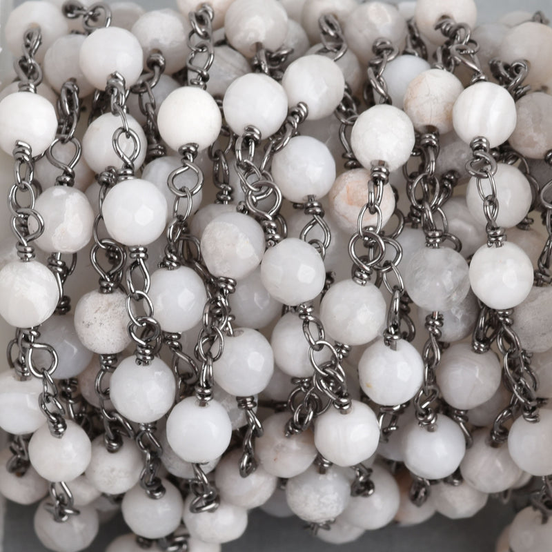 13 feet WHITE LACE AGATE Gemstone Rosary Chain, gunmetal black links, double wrapped 6mm round gemstone beads, fch0704b