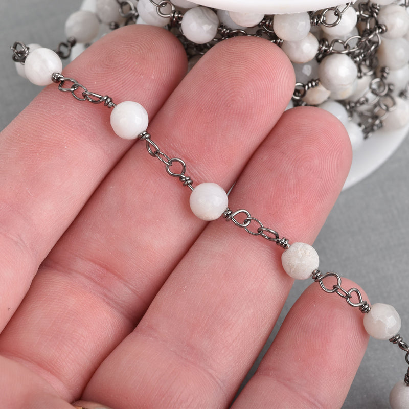 1 yard WHITE LACE AGATE Gemstone Rosary Chain, gunmetal black links, double wrapped 6mm round gemstone beads, fch0704a