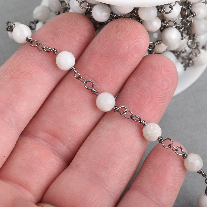 13 feet WHITE LACE AGATE Gemstone Rosary Chain, gunmetal black links, double wrapped 6mm round gemstone beads, fch0704b