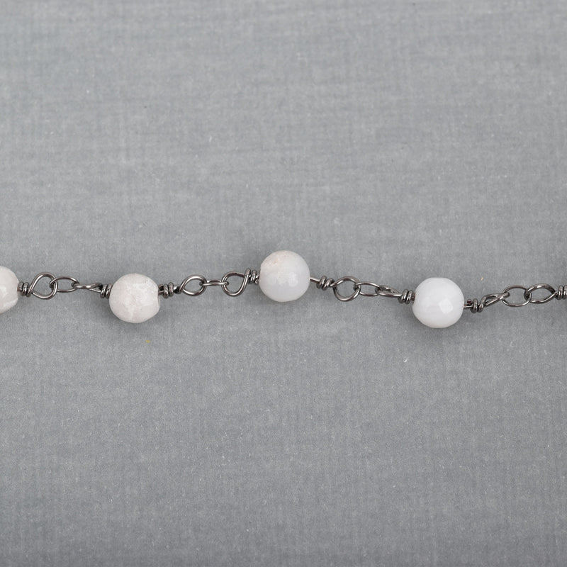 13 feet WHITE LACE AGATE Gemstone Rosary Chain, gunmetal black links, double wrapped 6mm round gemstone beads, fch0704b