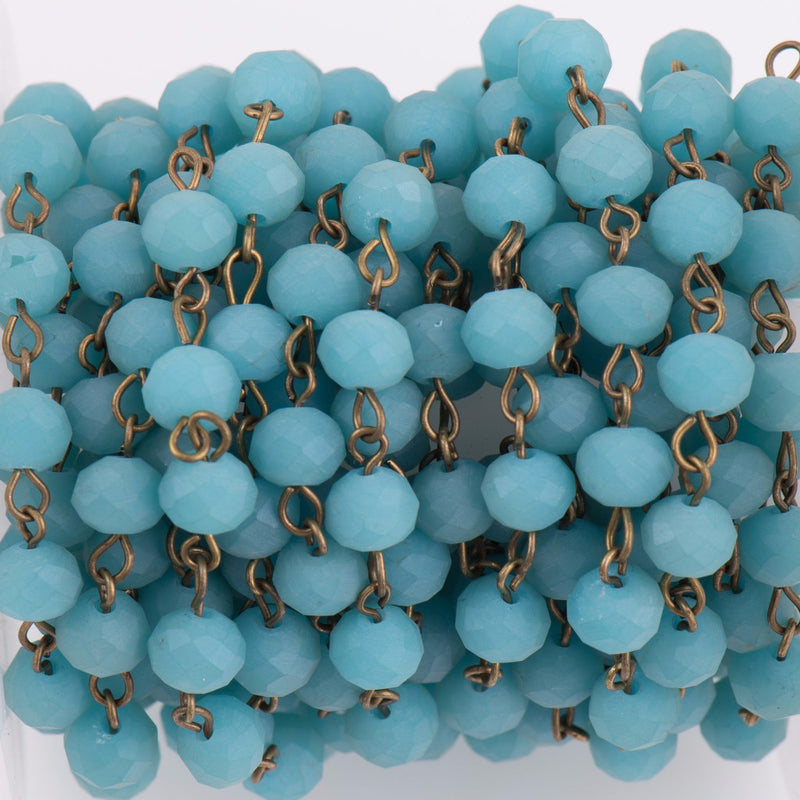 13 ft (4.33 yards) Matte TURQUOISE BLUE Crystal Rondelle Rosary Chain, bronze, 8mm faceted frosted rondelle glass beads, fch0705b
