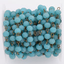 1 yard Matte TURQUOISE BLUE Crystal Rondelle Rosary Chain, bronze, 8mm faceted frosted rondelle glass beads, fch0705a