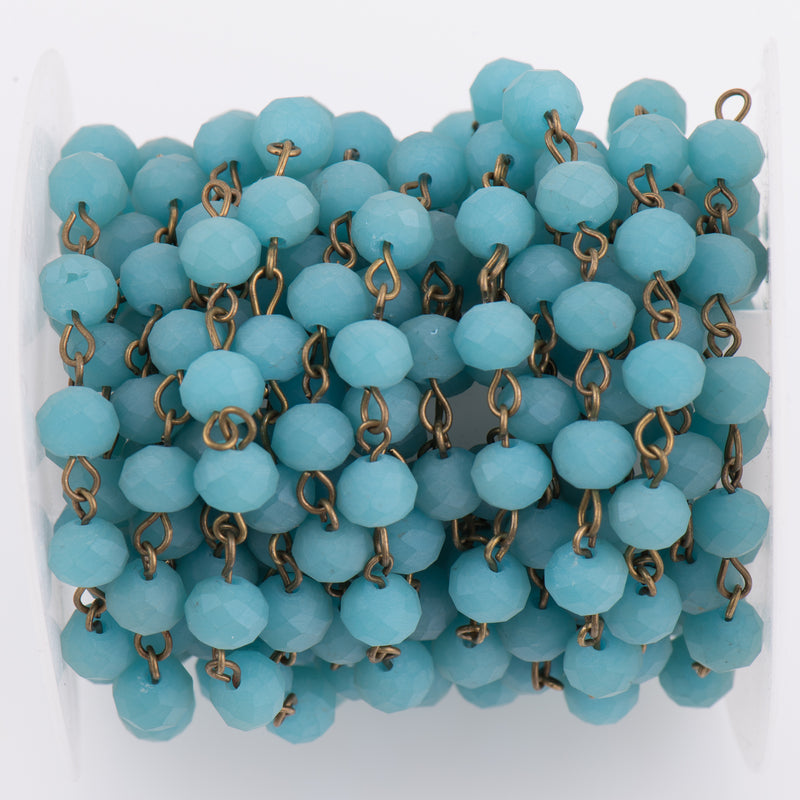 1 yard Matte TURQUOISE BLUE Crystal Rondelle Rosary Chain, bronze, 8mm faceted frosted rondelle glass beads, fch0705a
