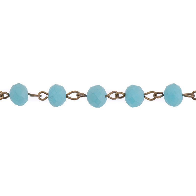1 yard Matte TURQUOISE BLUE Crystal Rondelle Rosary Chain, bronze, 8mm faceted frosted rondelle glass beads, fch0705a