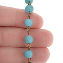 13 ft (4.33 yards) Matte TURQUOISE BLUE Crystal Rondelle Rosary Chain, bronze, 8mm faceted frosted rondelle glass beads, fch0705b