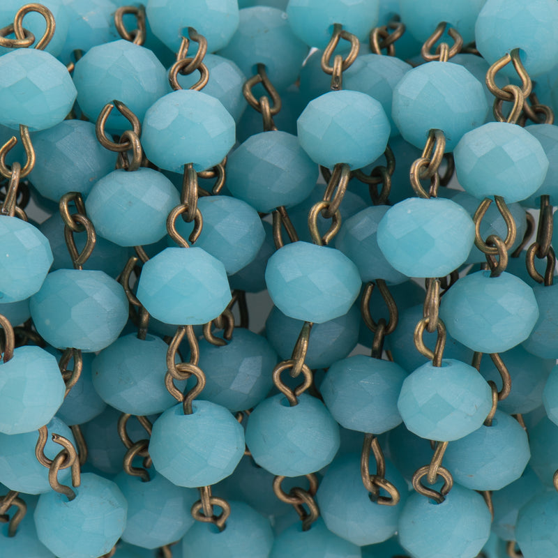 13 ft (4.33 yards) Matte TURQUOISE BLUE Crystal Rondelle Rosary Chain, bronze, 8mm faceted frosted rondelle glass beads, fch0705b