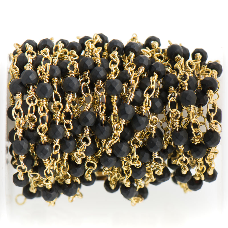 13 ft (4.33 yards) BLACK Stone Rosary Chain, bright gold double wrap, 4mm matte faceted round gemstone beads, fch0706b