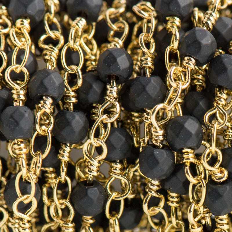 1 yard BLACK Stone Rosary Chain, bright gold double wrap, 4mm matte faceted round gemstone beads, fch0706a