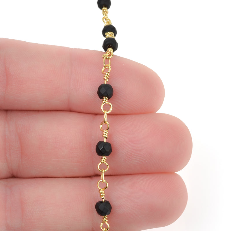 1 yard BLACK Stone Rosary Chain, bright gold double wrap, 4mm matte faceted round gemstone beads, fch0706a