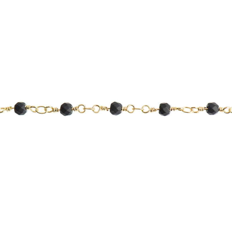 1 yard BLACK Stone Rosary Chain, bright gold double wrap, 4mm matte faceted round gemstone beads, fch0706a