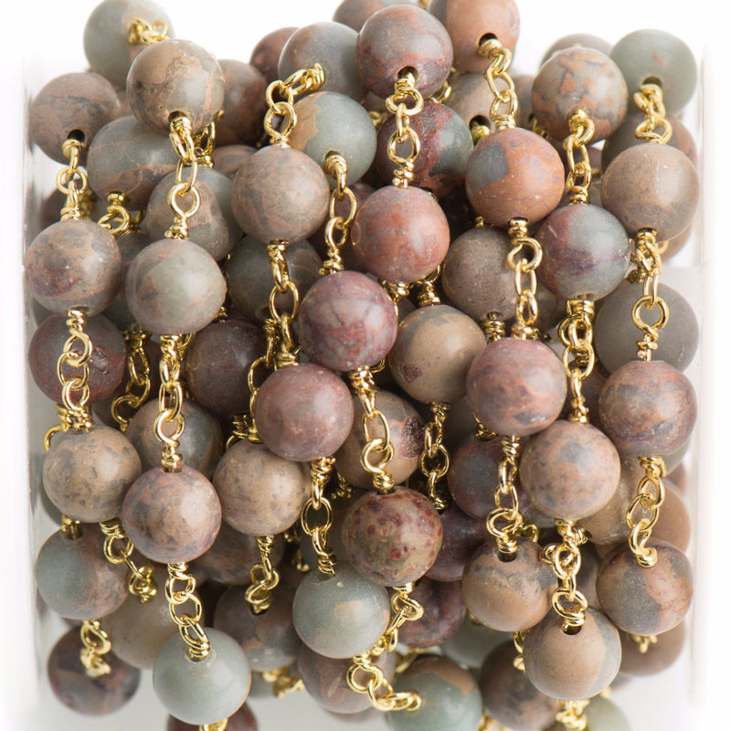 3 feet (1 yard) AQUA TERRA JASPER Gemstone Rosary Chain, double wrap bright gold links, 8mm round natural gemstone beads, fch0707a