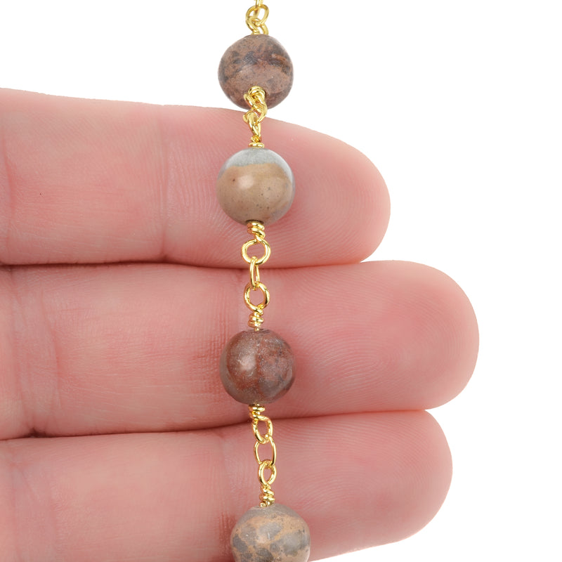 13 feet (4.33 yards) AQUA TERRA JASPER Gemstone Rosary Chain, double wrap bright gold links, 8mm round natural gemstone beads, fch0707b