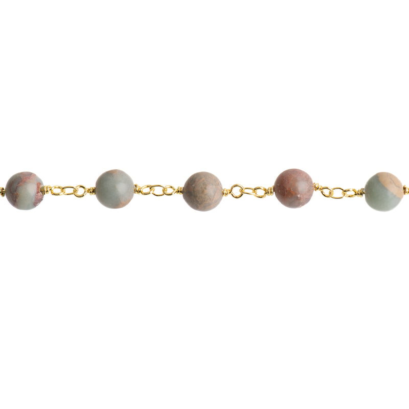 3 feet (1 yard) AQUA TERRA JASPER Gemstone Rosary Chain, double wrap bright gold links, 8mm round natural gemstone beads, fch0707a