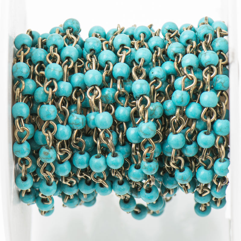 13ft TURQUOISE BLUE Howlite Rosary Chain, Howlite Bead Chain, bronze, 4mm round stone beads, bulk on spool, fch0708b