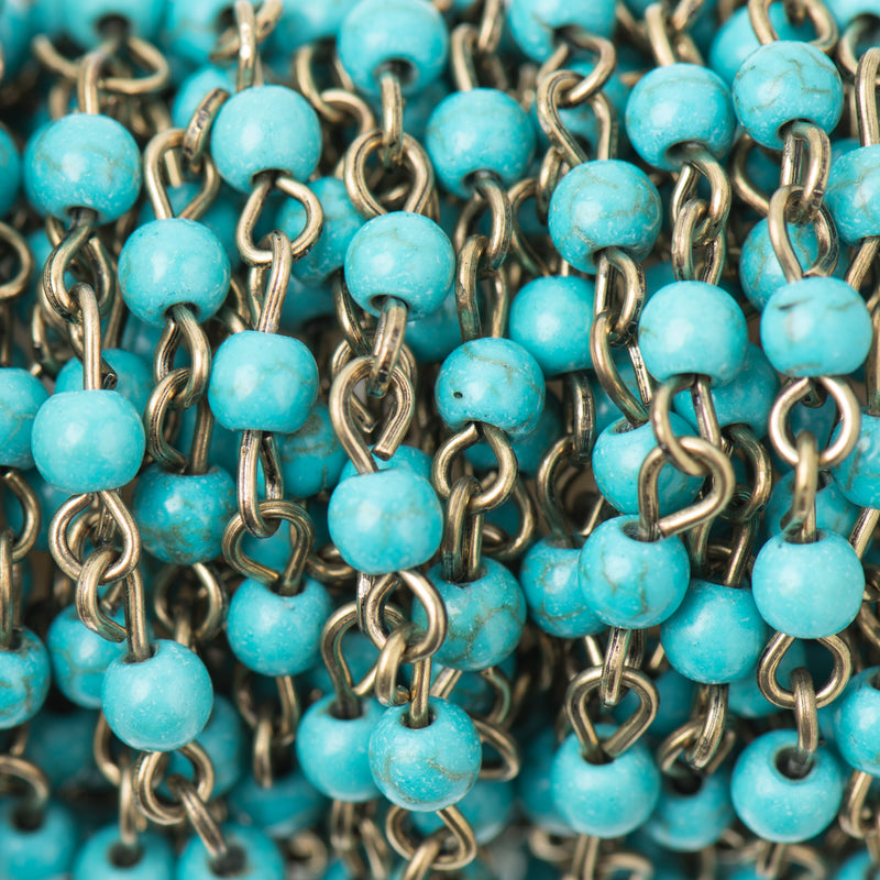 1 yard TURQUOISE BLUE Howlite Rosary Chain, Howlite Bead Chain, bronze, 4mm round stone beads, bulk on spool, fch0708a