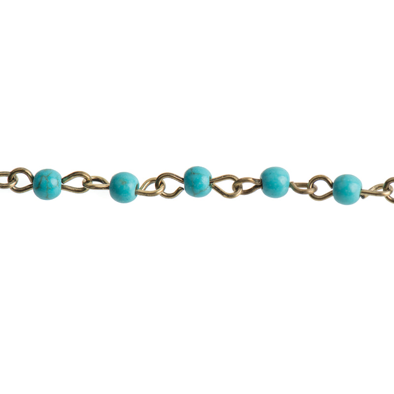 1 yard TURQUOISE BLUE Howlite Rosary Chain, Howlite Bead Chain, bronze, 4mm round stone beads, bulk on spool, fch0708a