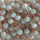3 feet (1 yard) BABY BLUE Crystal Chain, Rondelle Rosary Bead Chain, bright copper double wrapped wire, 6mm faceted glass beads fch0709a