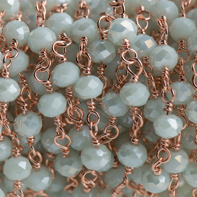 15 feet (5 yards) BABY BLUE Crystal Chain, Rondelle Rosary Bead Chain, bright copper double wrapped wire, 6mm faceted glass beads fch0709b